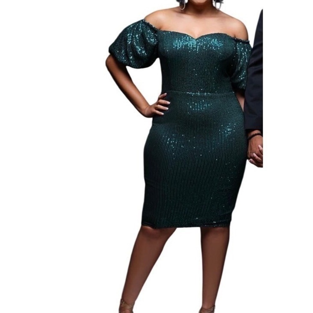 Fashion Nova Sequin Puff Sleeve Bodycon Midi Dress Emerald Green Size L